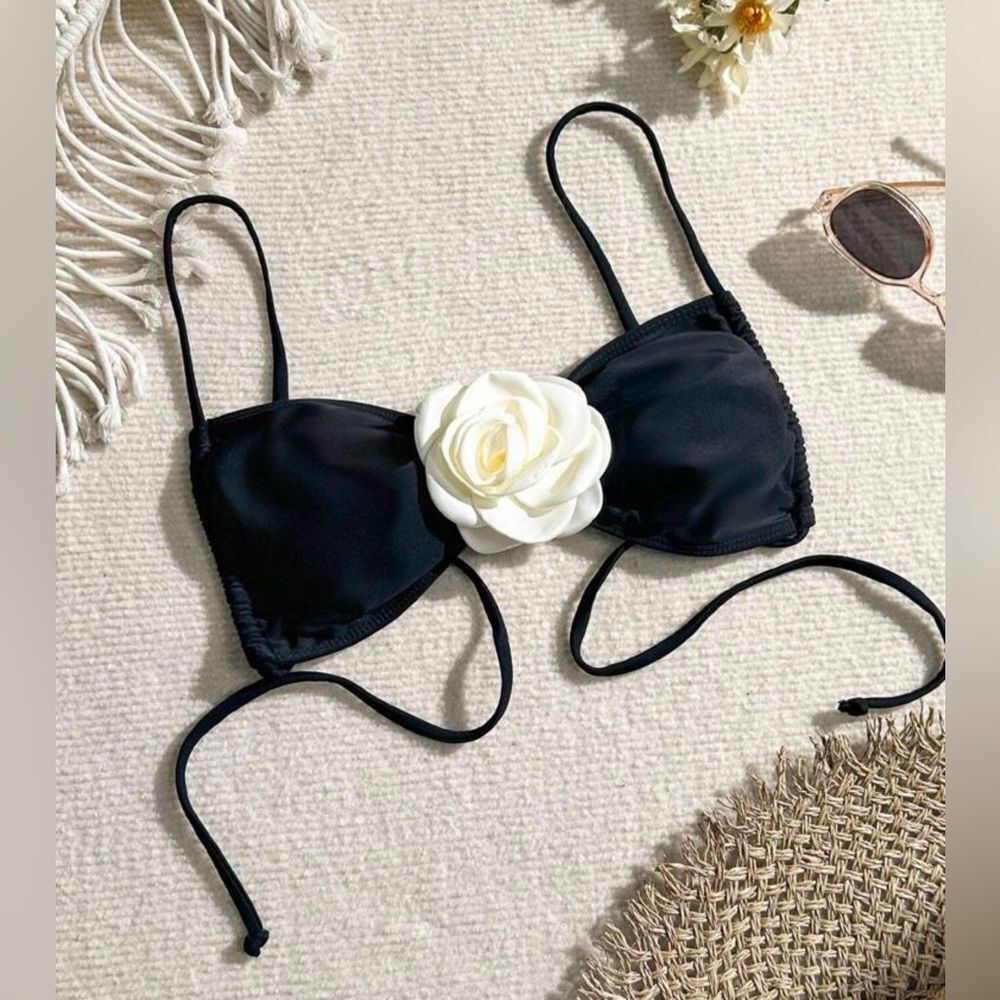 NEW! Jrs L Classic Tie Bikini Top with Floral Camellia Accent
